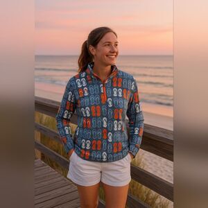 Crown & Ivy Beach Blue 1/2 Zip L/S Top Women's S Flip Flop Novelty Print…